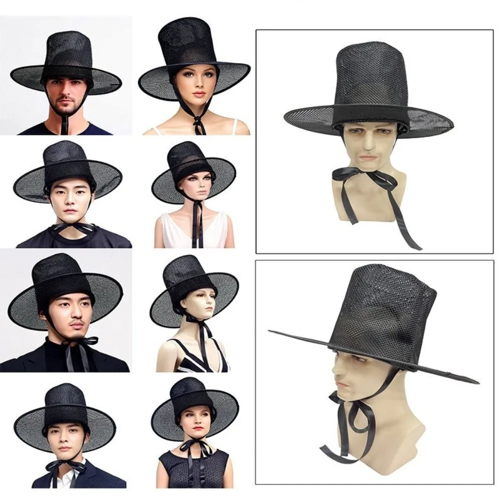 Lightweight Traditional Korean Gat Hat Adjustable Black Mesh Flat Topper Hat Ribbon Wide Brim Cosplay Hat Historical Costumes