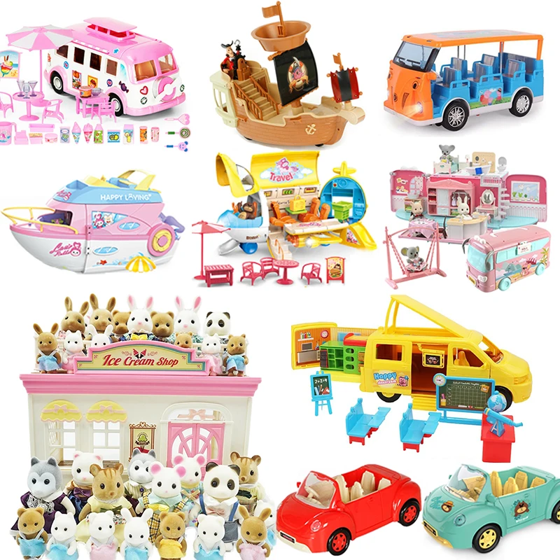 Forest Animal Family 1/12 Bunny Bear Panda 1:12 School Bus Picnic Car Sightseeing Car Cruise Girl Pretend Game Set