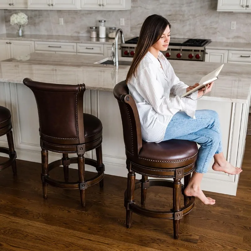 Pullman 26 Inch Tall Counter Height Upholstered Barstool with Back in Dark Walnut Finish with Vintage Brown Vegan Lea