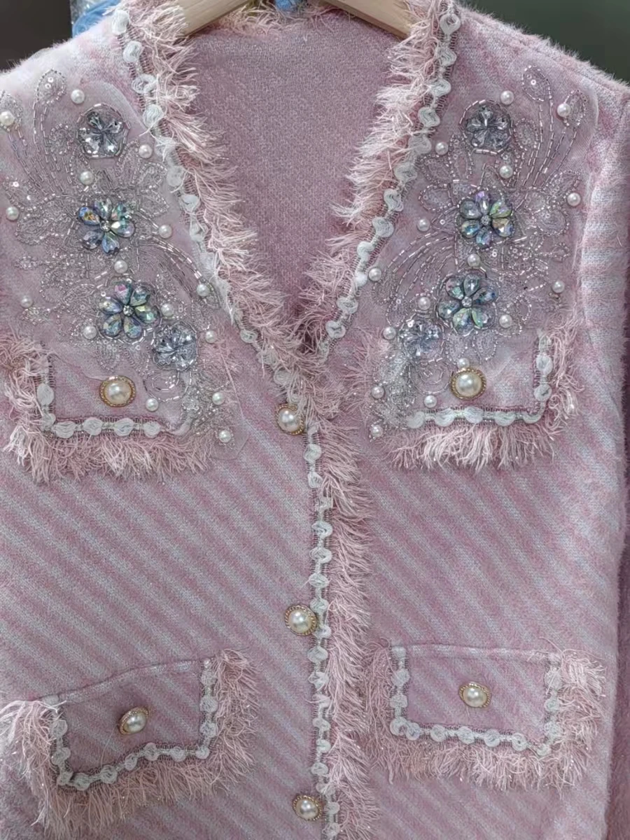 Cappotto cardigan in pelliccia sintetica con diamanti in cristallo stile lusso per donna Giacca lavorata a maglia con maglione caldo autunno inverno