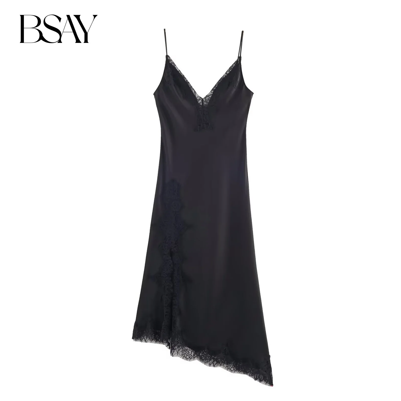 BSAY Schwarzes Asymmetrie-Spitzen-Satin-Kleid Damenbekleidung Herbst neue schicke französische Eleganz Seitenschlitz sexy V-Ausschnitt Sling-Abend