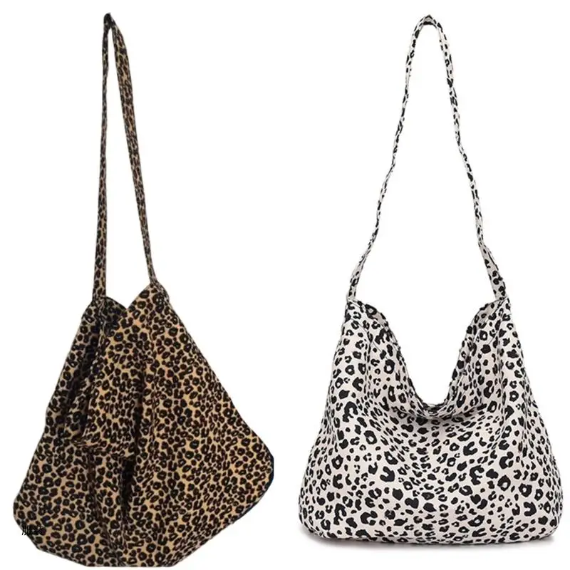 

D0UD Elegant Canvas Leopard Print Shoulder Bag Large Capacity for Office and Shopping