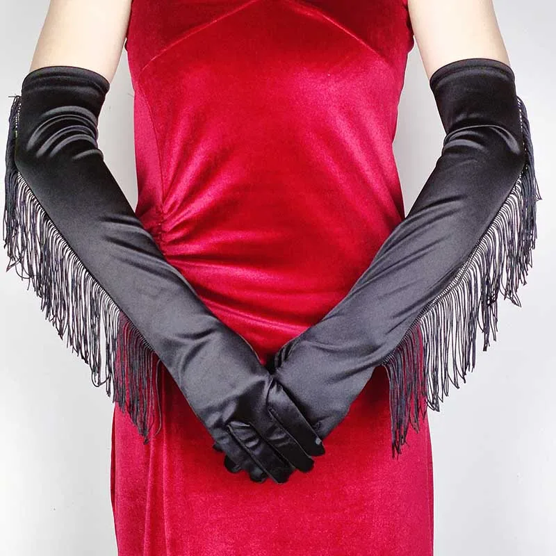 Halloween Dress Party Satin Tassels Full Finger  Long Gloves 55CM Christmas Prom Latin Dance Performance Women Mittens S223