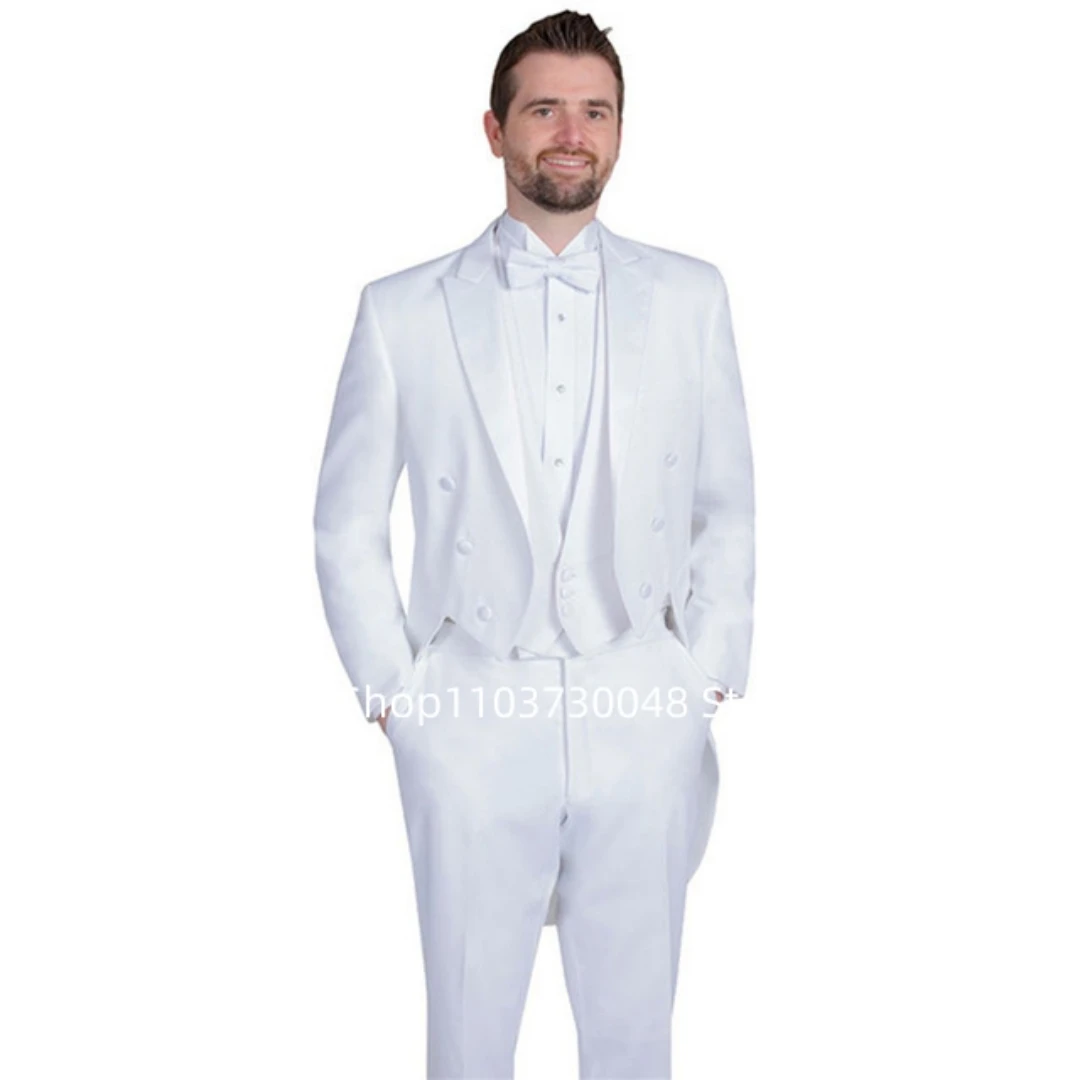 White Mens Tailcoat Suits Formal Dress Suits Swallow Tail Coat Male Jacket Vest Pants for Party Wedding Dance Magic Performance