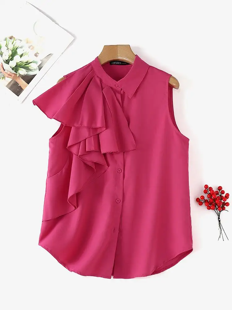 

ZANZEA Women Summer Tanks Blouse Fashion OL Work Shirt Elegant Lapel Neck Sleeveless Tops Casual Solid Button Down Blusas Femme