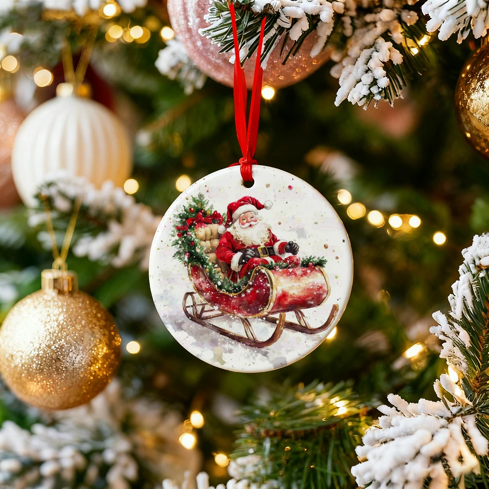 

1 retro round ceramic ornament | Santa in sleigh theme, with string text pendant, decorative artwork, 8 cm