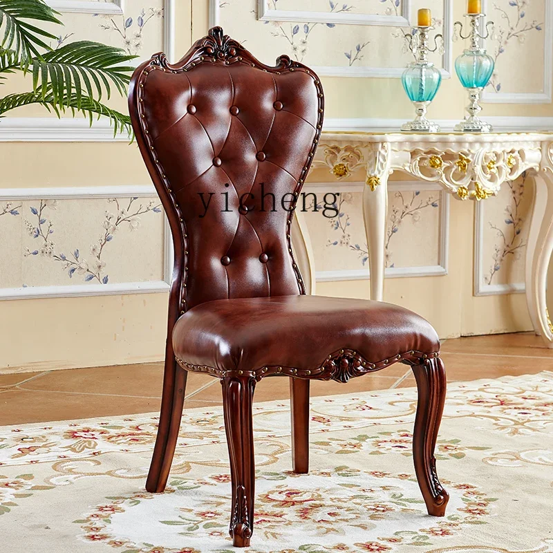 

TQH American solid wood armrest chair European leather art soft bag comfortable dining chair