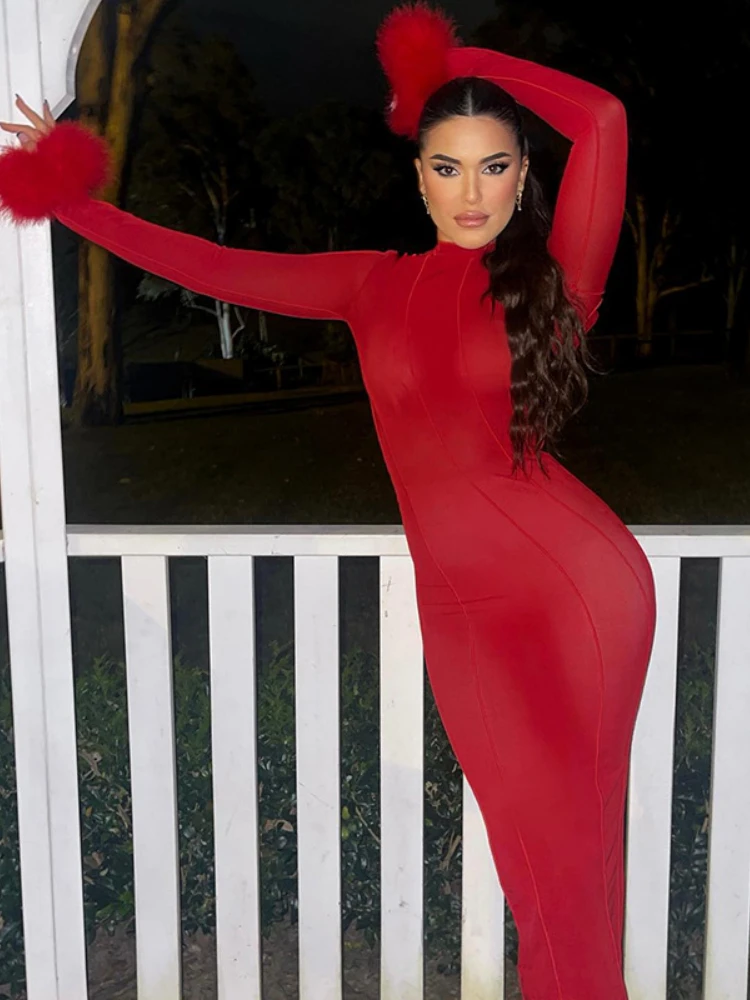 WeiYao-vestido de noche largo con espalda descubierta para mujer, traje Sexy ajustado con manga de plumas de retazos, elegante, para fiesta