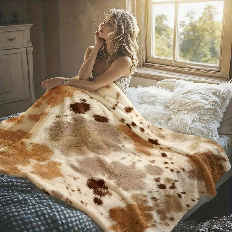 Cow Hide Spots Brown Flannel Blanket Perfect for Sofa Office Bed Travel Sleep Read Relax Camping Four Season Use