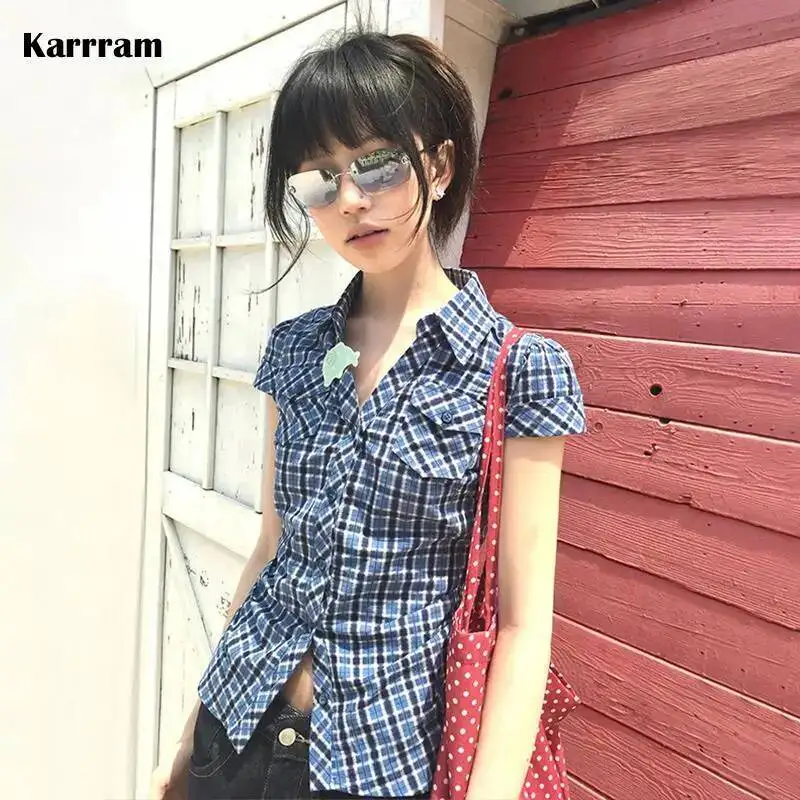 Karrram Japanese Y2k Plaid Shirt Vintage Haruku V-Neck Blouses Korean Fashion Women Short Sleeve Shirts 2000S American Retro