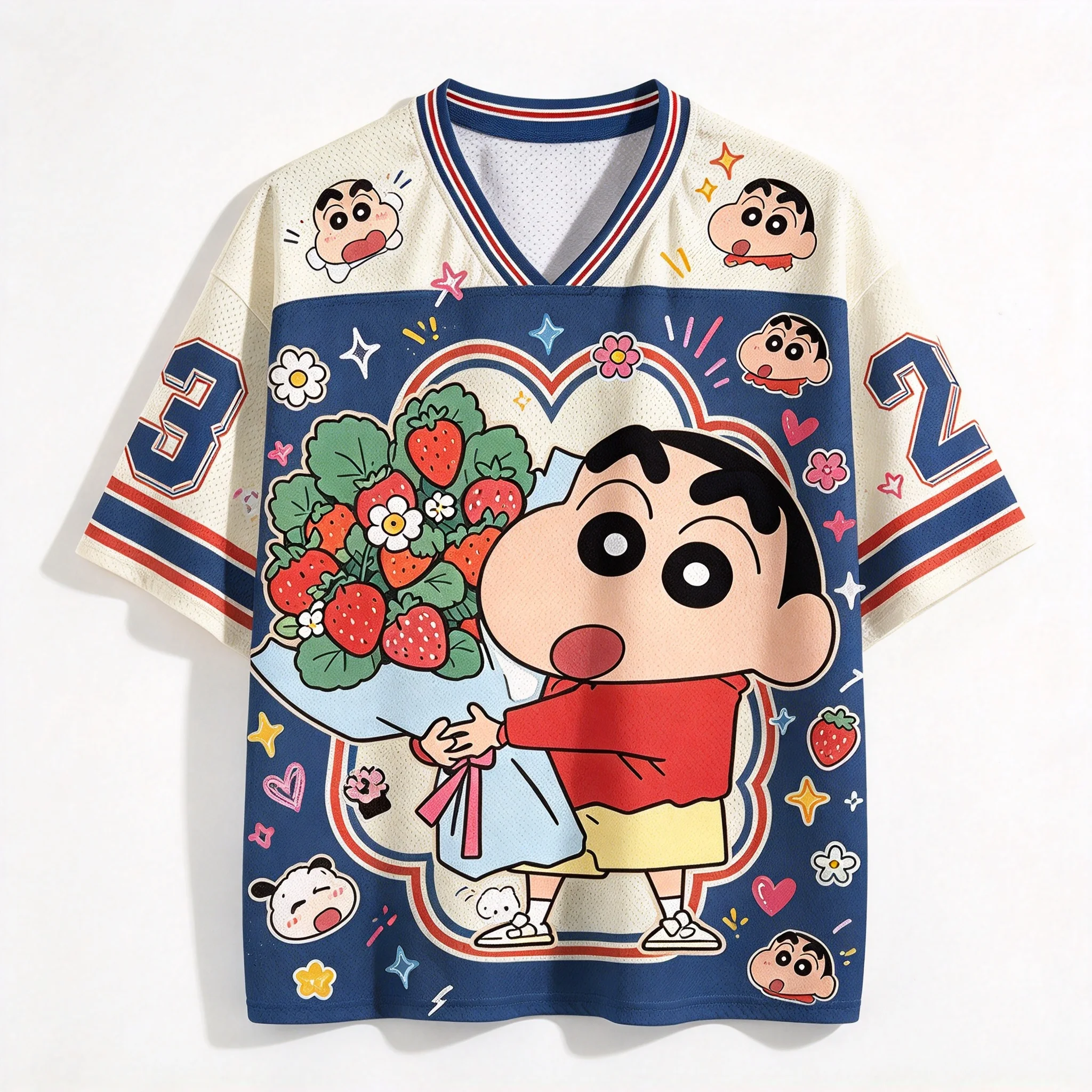 Crayon Shin-chan Blue Football Jersey Men Women V Neck Mesh Short Sleeve Top, Cute Anime Number Flower Print Casual Street Shirt
