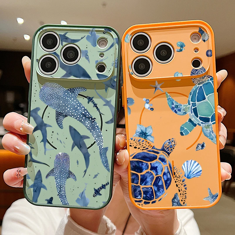 

Whale Patterned Magnetic Case For iPhone 17 16 15 14 13 Pro Max For Magsafe Wireless Charge Shockproof Lens Protect Phone Cover