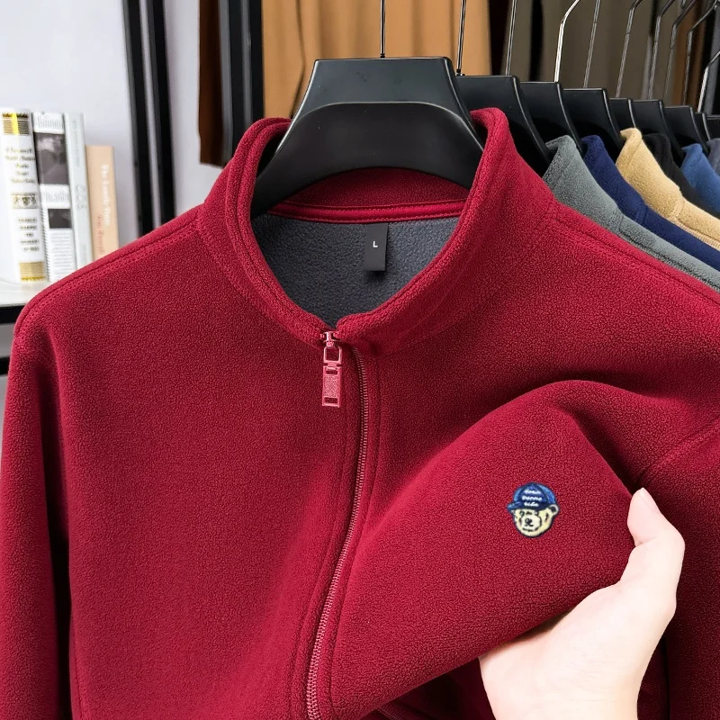 Luxury mens brand bear head embroidered zipper cardigan for autumn winter new velvet warm and comfortable stand up collar jacket