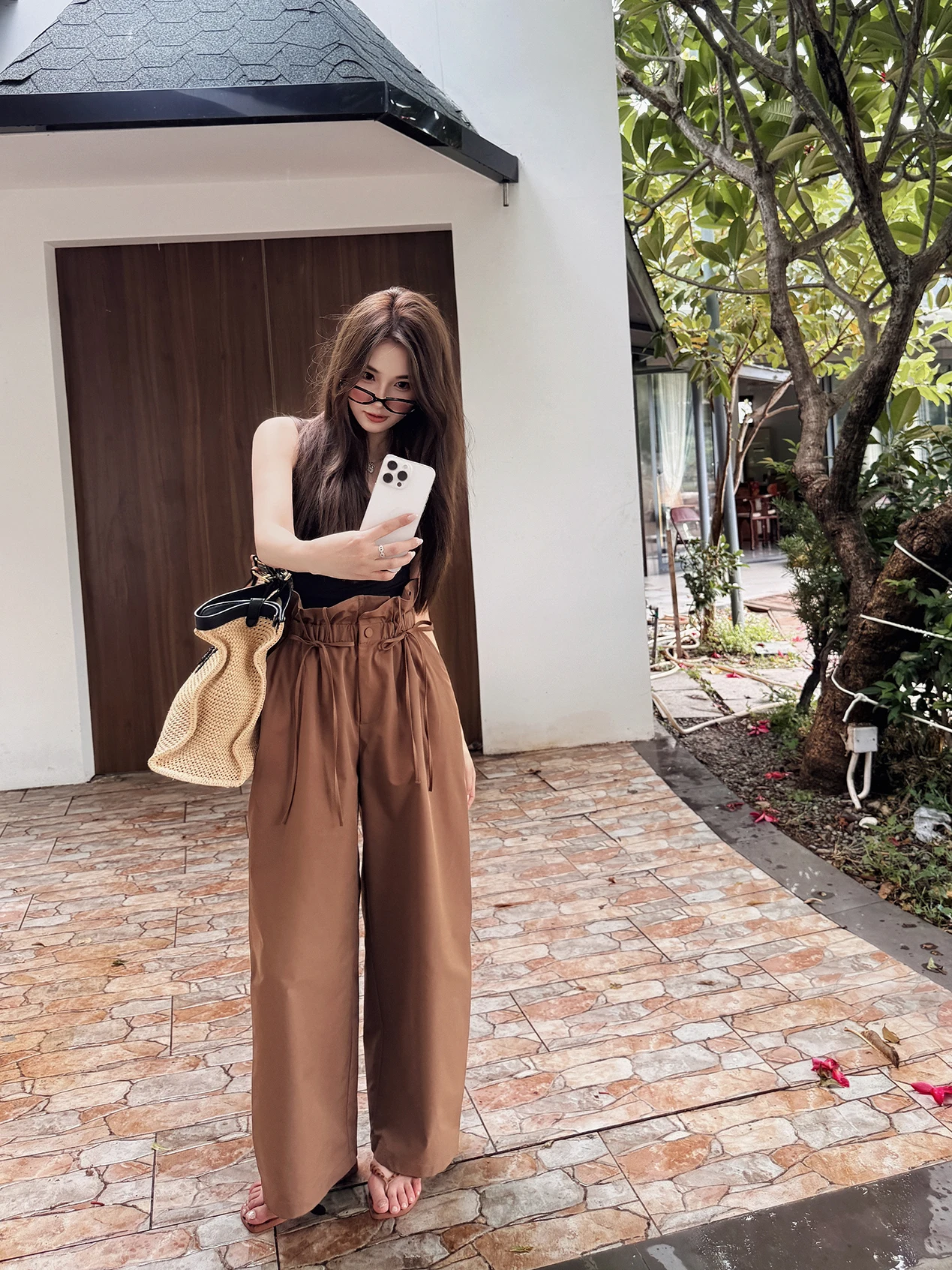 

RUBBIT Summer New Arrival Handpied Collaboration Loose Elastic Waist Floral Detail Casual Pants High Waist Straight Leg