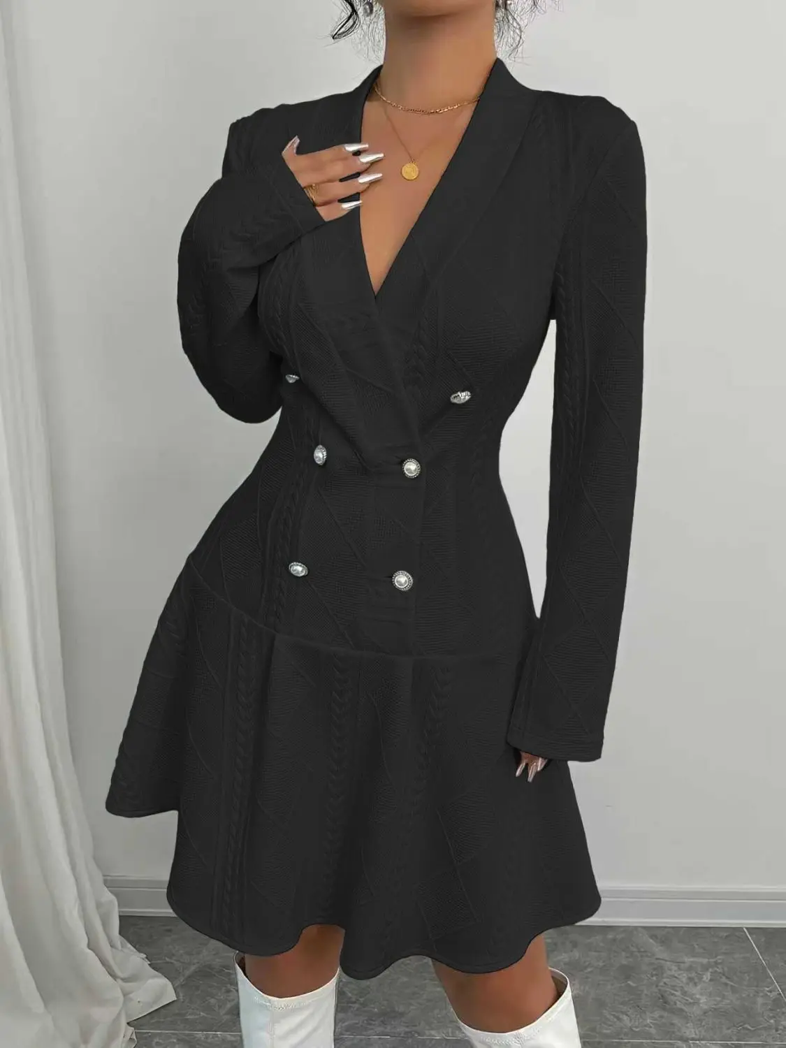 26 Ladies Temperament V-neck Coat Solid Color Textured Button Knitted Dress Autumn and Winter