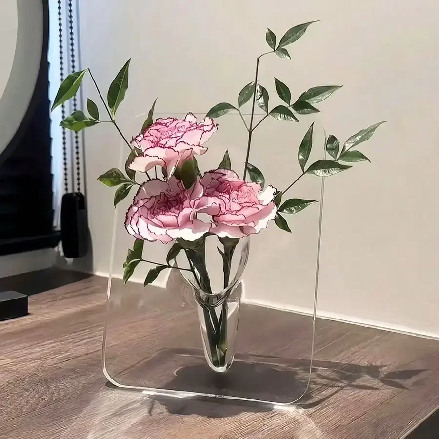 Flower Vase Clear Acrylic Frame Modern Minimalist Transparent Floral Vase Decorative Ornament for Desktop Bookshelf Living Room
