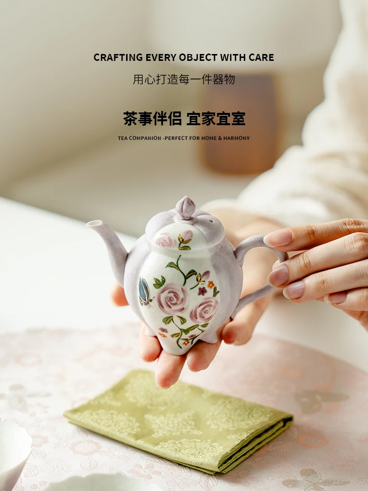 Rouge Purple Teapot Ceramic Pure Hand Drawing Rose Household Single High-Grade Gift Box for Sending Presents