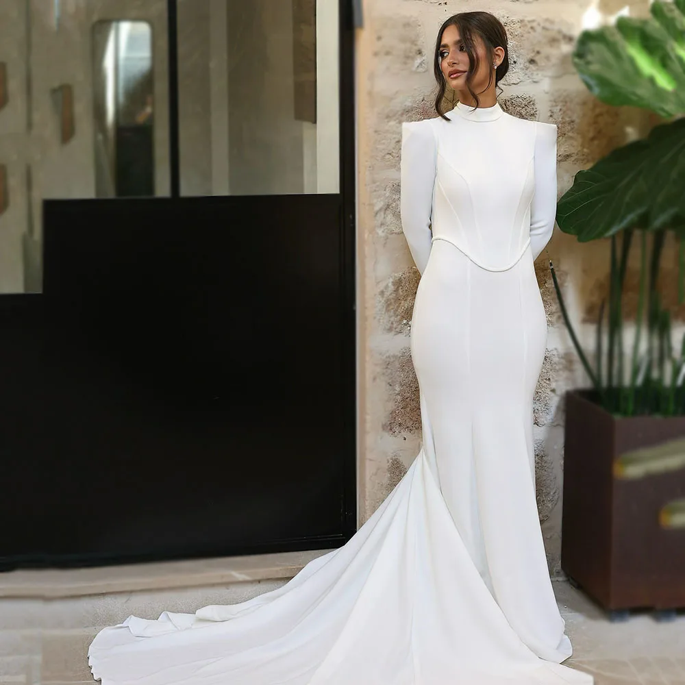 

Modest Long Sleeve Wedding Gown Muslim High Neck Corset Women Bride Dress Dubai Arabic Elegant Wedding Bridal Gown Customized