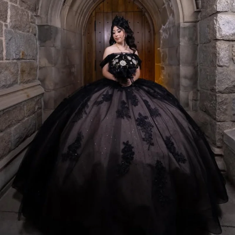 

Customized Shiny Black Quinceanera Dresses Off the Shoulder crystal applique Long tail Lace Bow Tull Vestido 15 Quinceanera