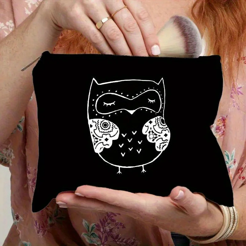Canvas Owl Print Cosmetic Bag - Lightweight, Hand Washable, Zipper Closure, Casual Makeup Pouch For Toiletries Lipstick Organize