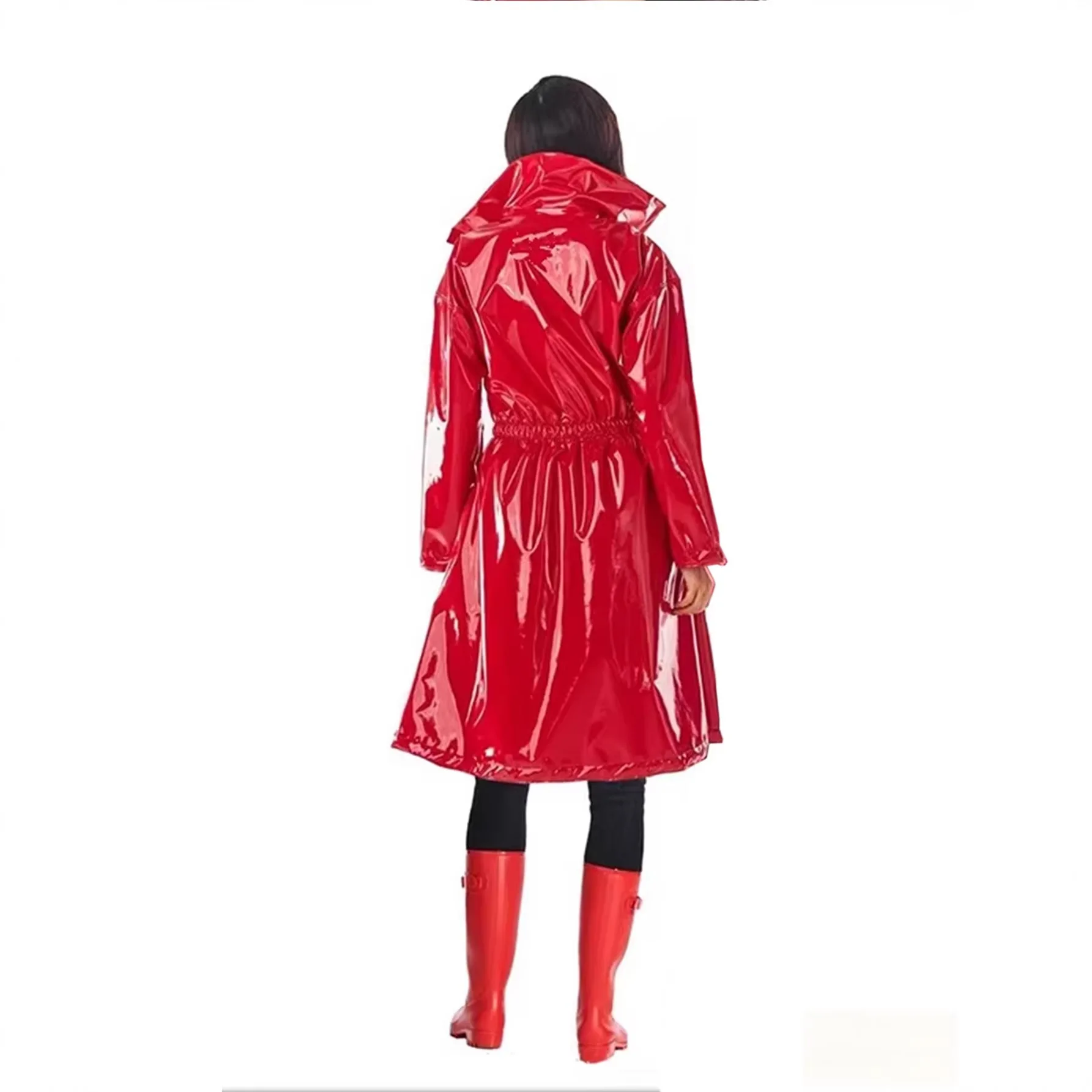 Adults Womens Long Trench Coat Blazer Clubwear Wet Look PU Leather Notched Lapel Open Front Long Sleeve Jacket PVC Costume view 3