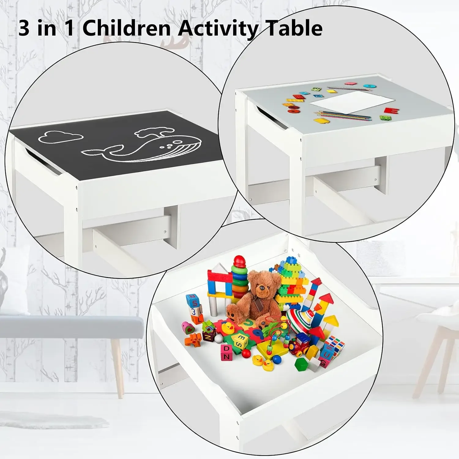 Wood Table & 2 Chairs Set, 3 in 1 Children Activity Table w/Storage, Removable Tabletop, Blackboard, 3-Piece Toddler Furniture S