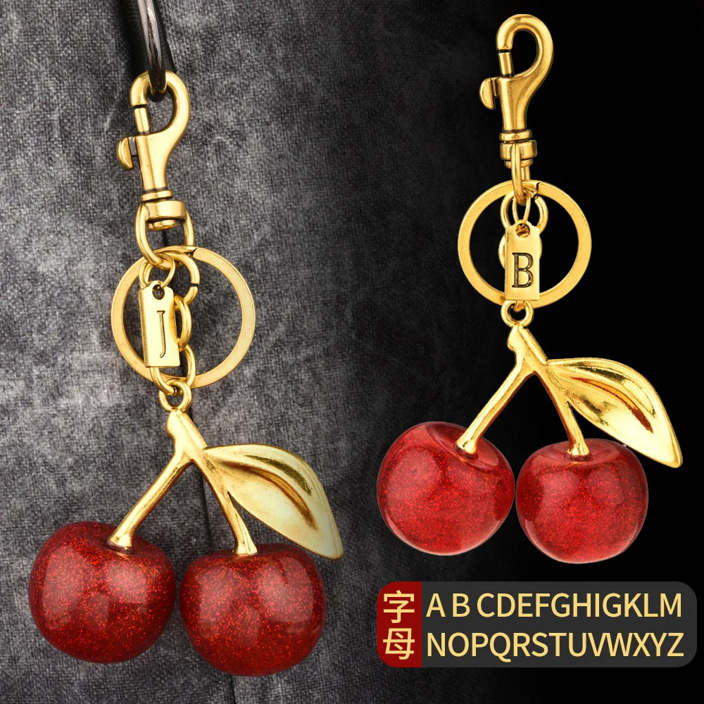 Fashion Delicious Red Cherry Keychain 26 Letter Brand Pendant Cherries Pendant Keyring For Women Jewelry Bag Accessories Gift