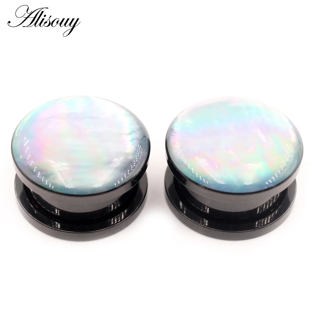 Alisouy 2PCS Black Stainless Steel Inlay Shell Thread Ear Gauges Tunnels Plugs Expander Stretcher Earrings Piercing Body Jewelry