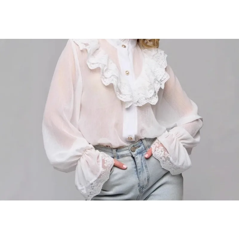 

2026 Spring and Autumn Fashion Lace Stand-Up Collar Long Sleeve Bow Shirt
