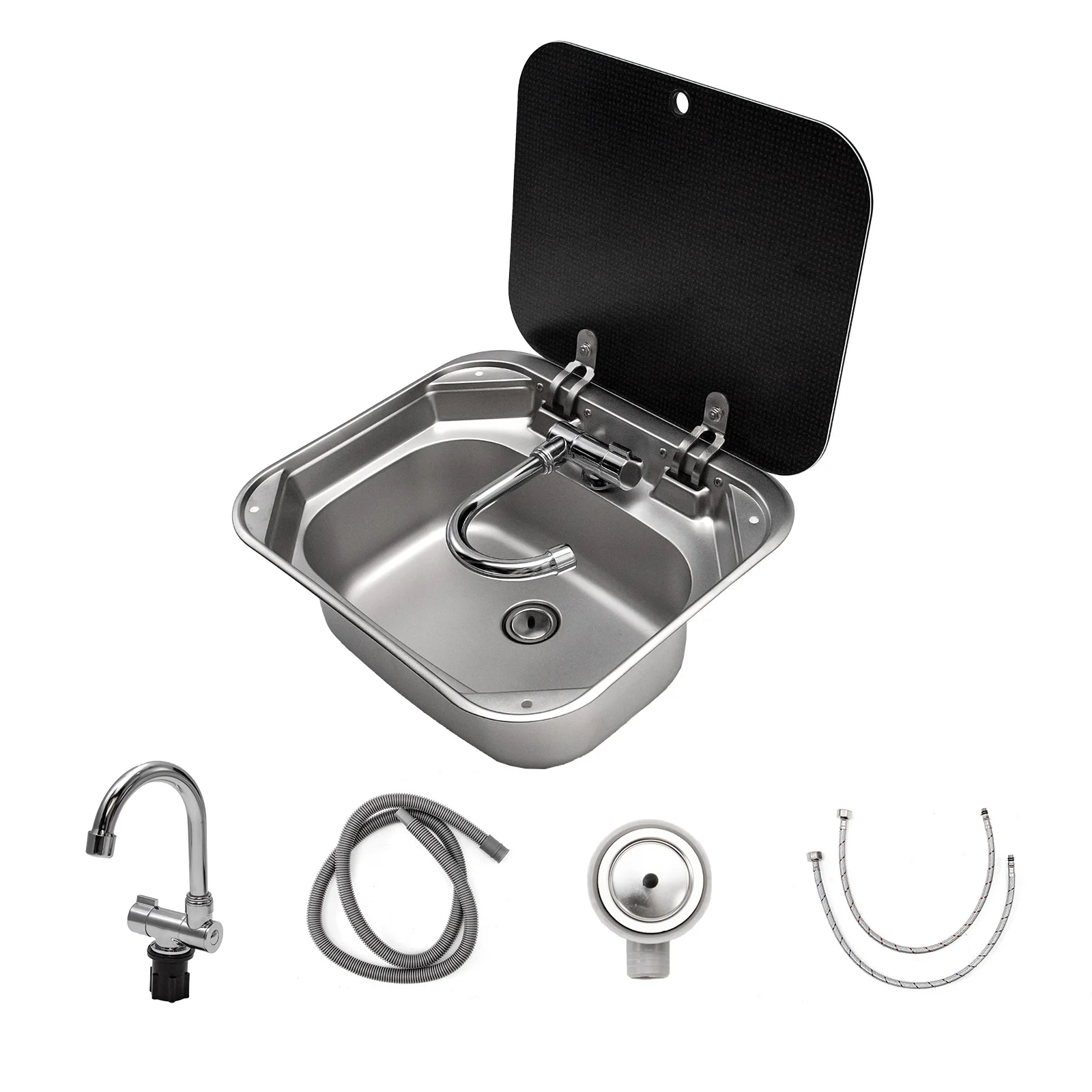 Single Square Bowl Stainless Steel RV Sink For Camper Motorhome Portable Caravan With Faucet And Glass For Minimalist Spaces