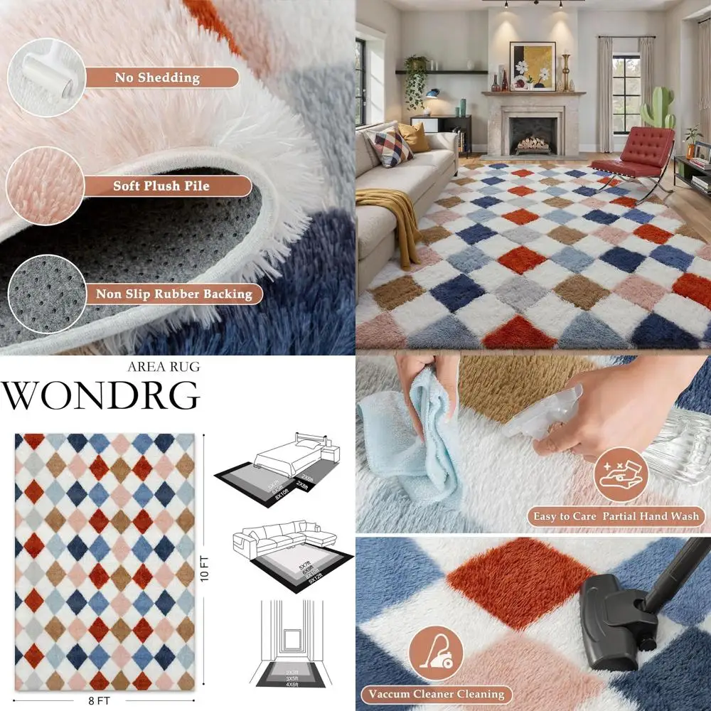 

Colorful Soft Shag Area Rug - 8x10 for Living Room, Bedroom, Modern High Pile Carpet with Non-Slip Backing