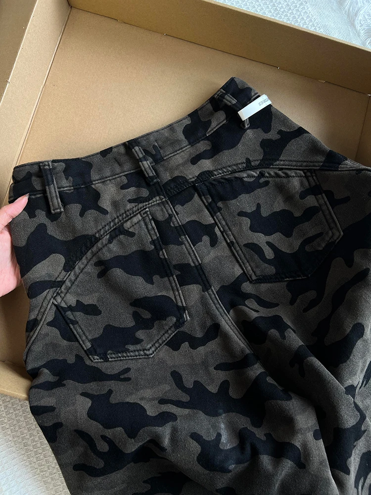 

Retro American Camouflage Fleece Lined Thickened Workwear Jeans High Waist Loose Straight Leg Wide Leg Pants for Women