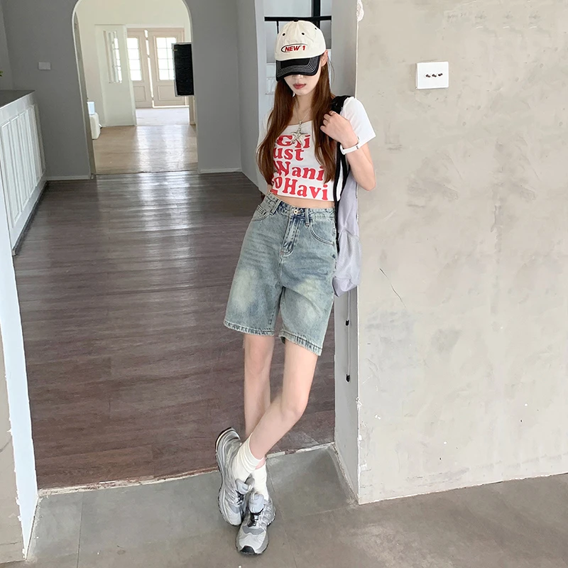 

High-waisted loose straight jeans shorts female summer new thin versatile P brand casual wide-legged trousers in five