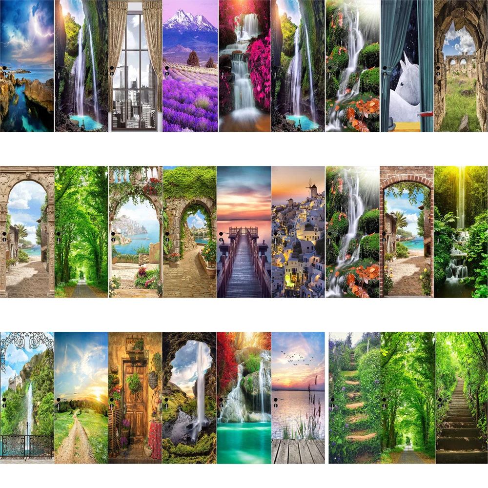 Colorful Landscape Door Stickers Vinyl PVC Instant Tear Off Suitable for Elevator Doors Refreshing Poster Door Stickers