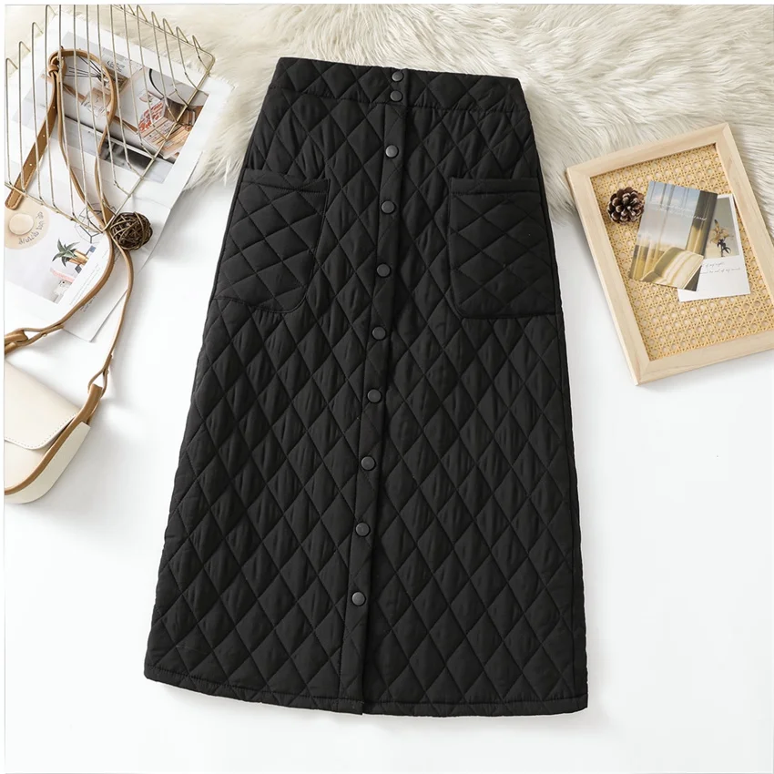 

Gowyimmes New Autumn Winter Warm Women Down Cotton Skirt Elegant Lady High Waist Midi Long A-line Skirts Bottomings Retro PD1845