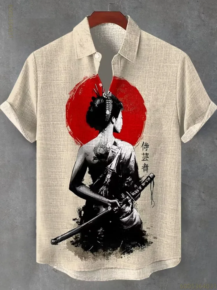Men's shirt with red plum blossom and swallow print, Hawaiian style, short-sleeved, comfortable, loose-fitting printed shirt.