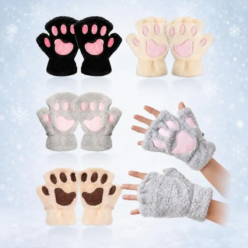 Kawaii Bear Paw Fingerless Gloves Fluffy Plush Winter Warm Gloves Fleece Lined Half Finger Mittens with String for Daily
