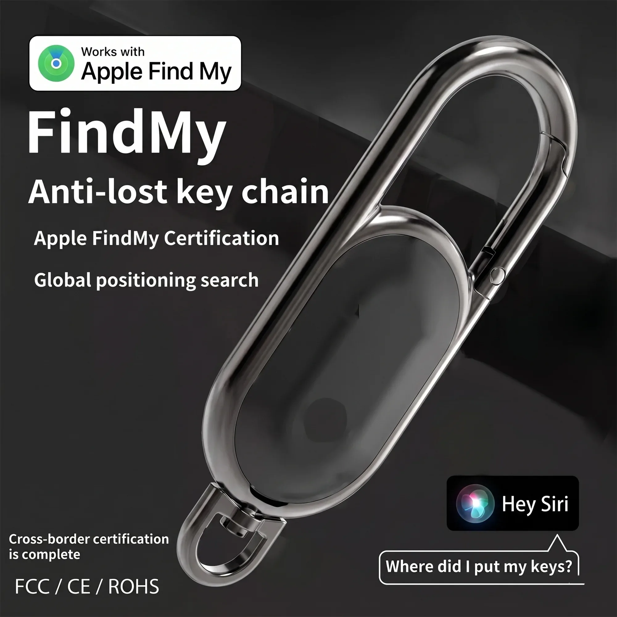 Anti-lost GPS airtag Smart Carabiner key chain Keyring with Find My tracker to attach Car key chain fob for use on Apple ios