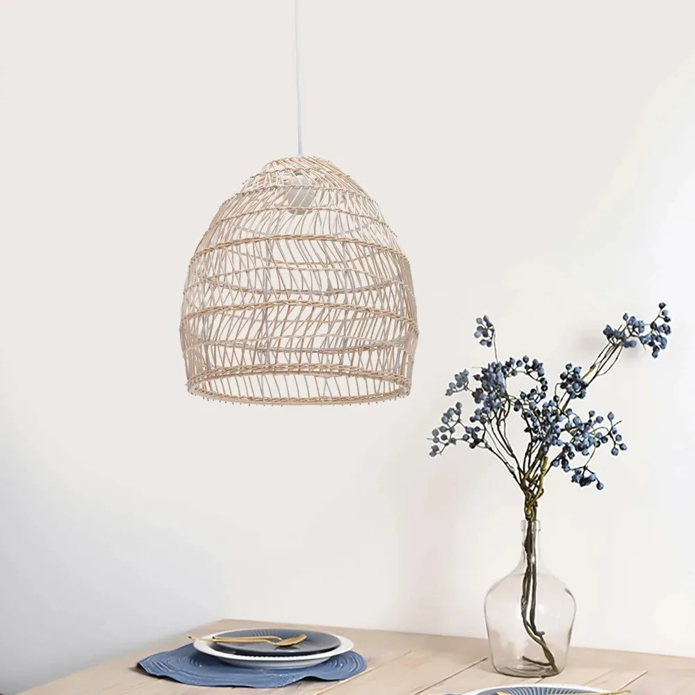 Natural Handmade Rattan Woven Chandeliers 1-Light E27 Beige Rattan Wicker Pendant Lights Country Dome Hanging Lamp Ceiling Light