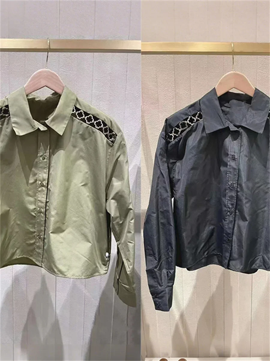 

2 Color Women Shoulder Metal Hollow Out Blouse Early Autumn 2024 Ladies Long Sleeve Single Breasted Short Shirt Tops