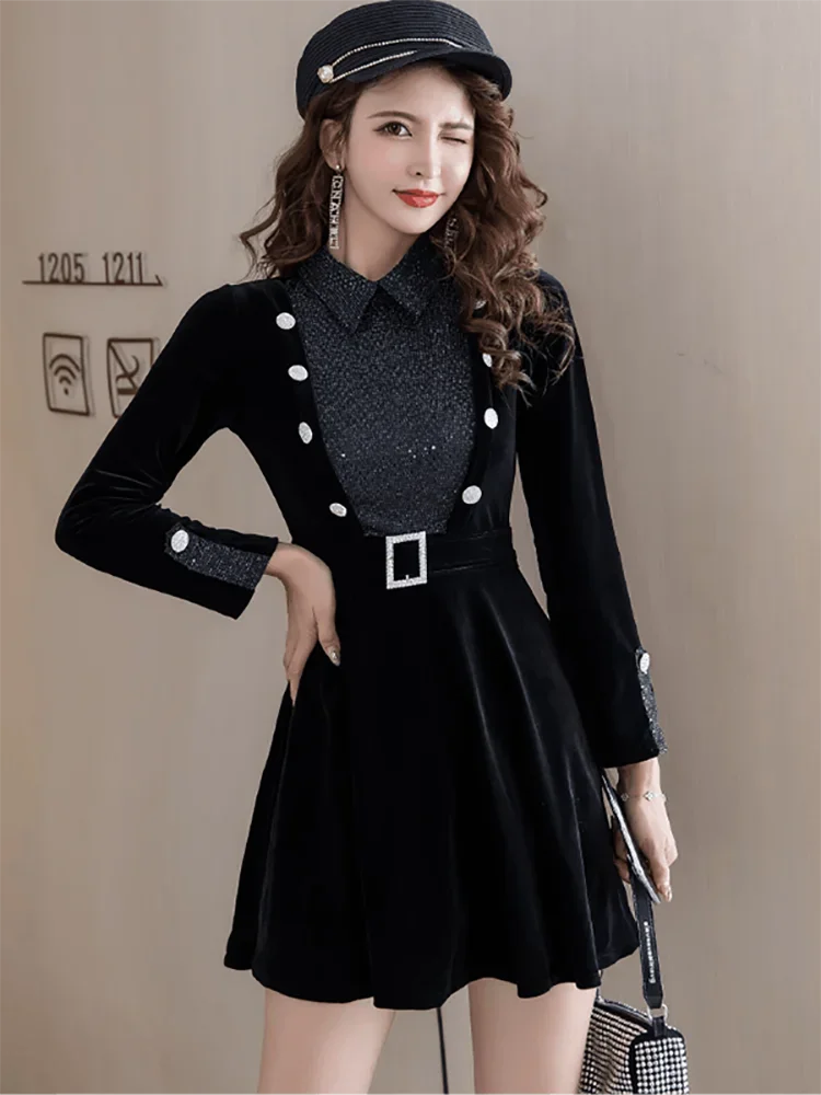 Kobiety koreański Vintage Hepburn sukienka na studniówkę jesienno-zimowa czarna aksamitna patchworkowa cekinowa krótka sukienka 2025 elegancka luksusowa sukienka na imprezę