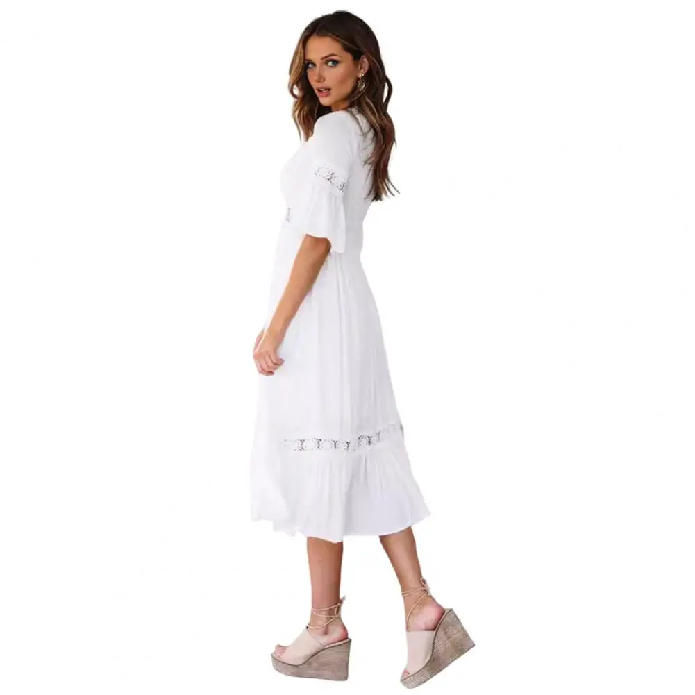 Vestido que abraza la cintura Vestido salvavidas Vestido bohemio de encaje floral con volantes y cuello en V para mujer Vestido fluido de una línea con mangas acampanadas Verano