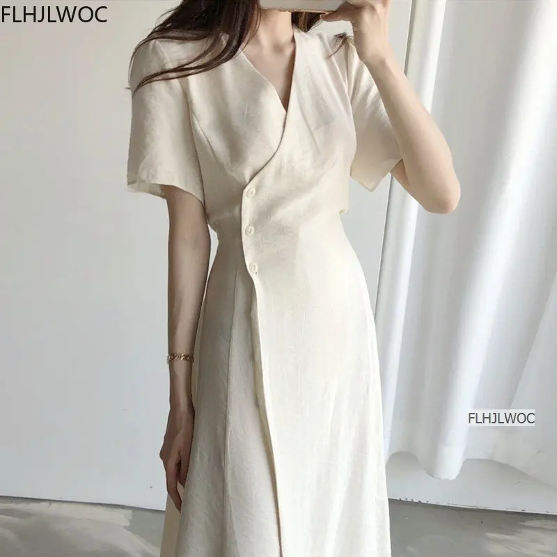 South Korea chic Midi Dress Women Summer Japan Style Retro Vintage Design Solid Button Shirt Dress Cotton Linen Flhjlwoc Vestido