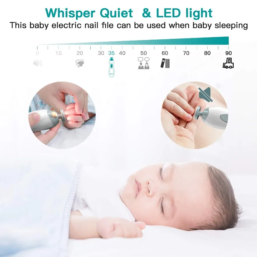 Coupe-ongles électrique pour bébé avec lumière LED et 10 têtes de meulage pour un soin des ongles sûr, silencieux et précis des nouveau-nés, les tout-petits et I