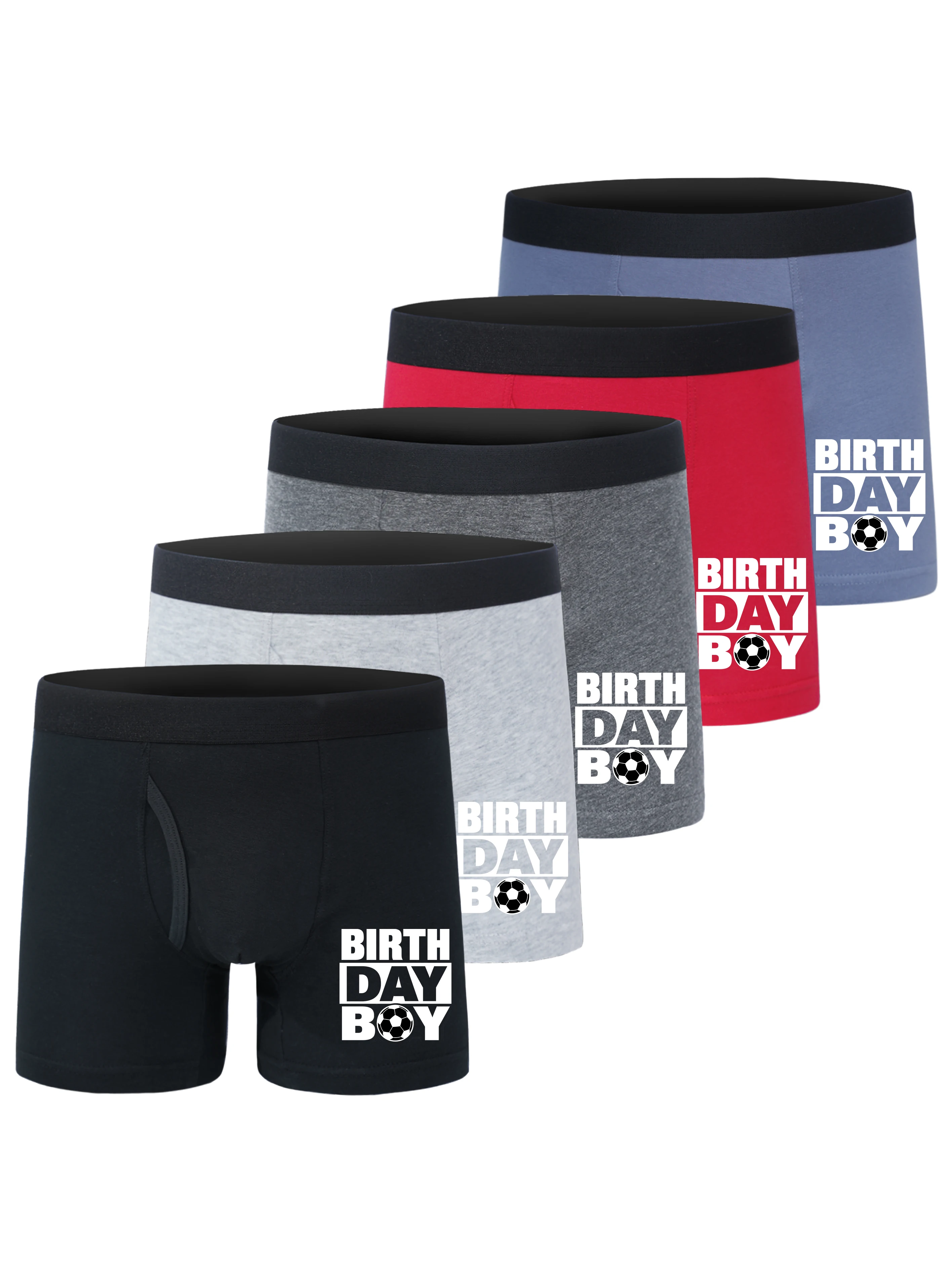 5 Pack Boys Cotton Open Fly Boxer Briefs BIRTHDAY BOY Letter Soccer Ball Print Soft Breathable Kids Underwear