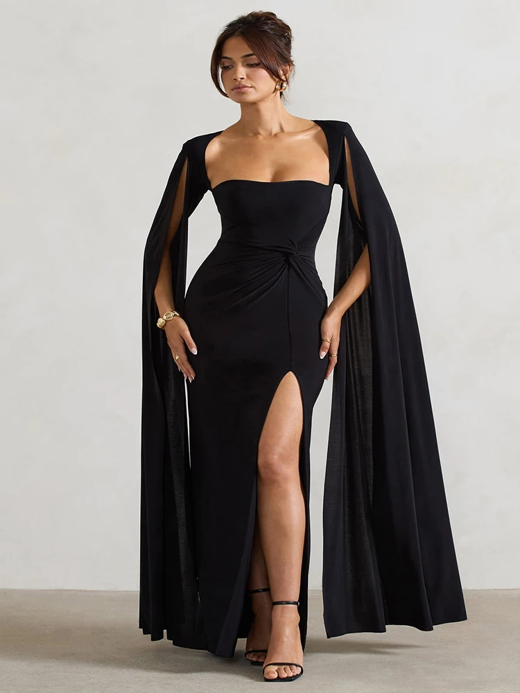 

JULISSA MO Sexy Square Collar High Slit Women Maxi Dress Black Long Sleeve Evening Dress Autumn Slim Elegant Party Clubwear 2024