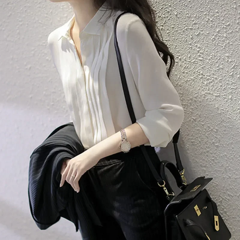 

Long Sleeves Pleated Elegant Professional Shirt for Women Spring Autumn Loose Temperament Commuting Top Fashion Women's Clothing