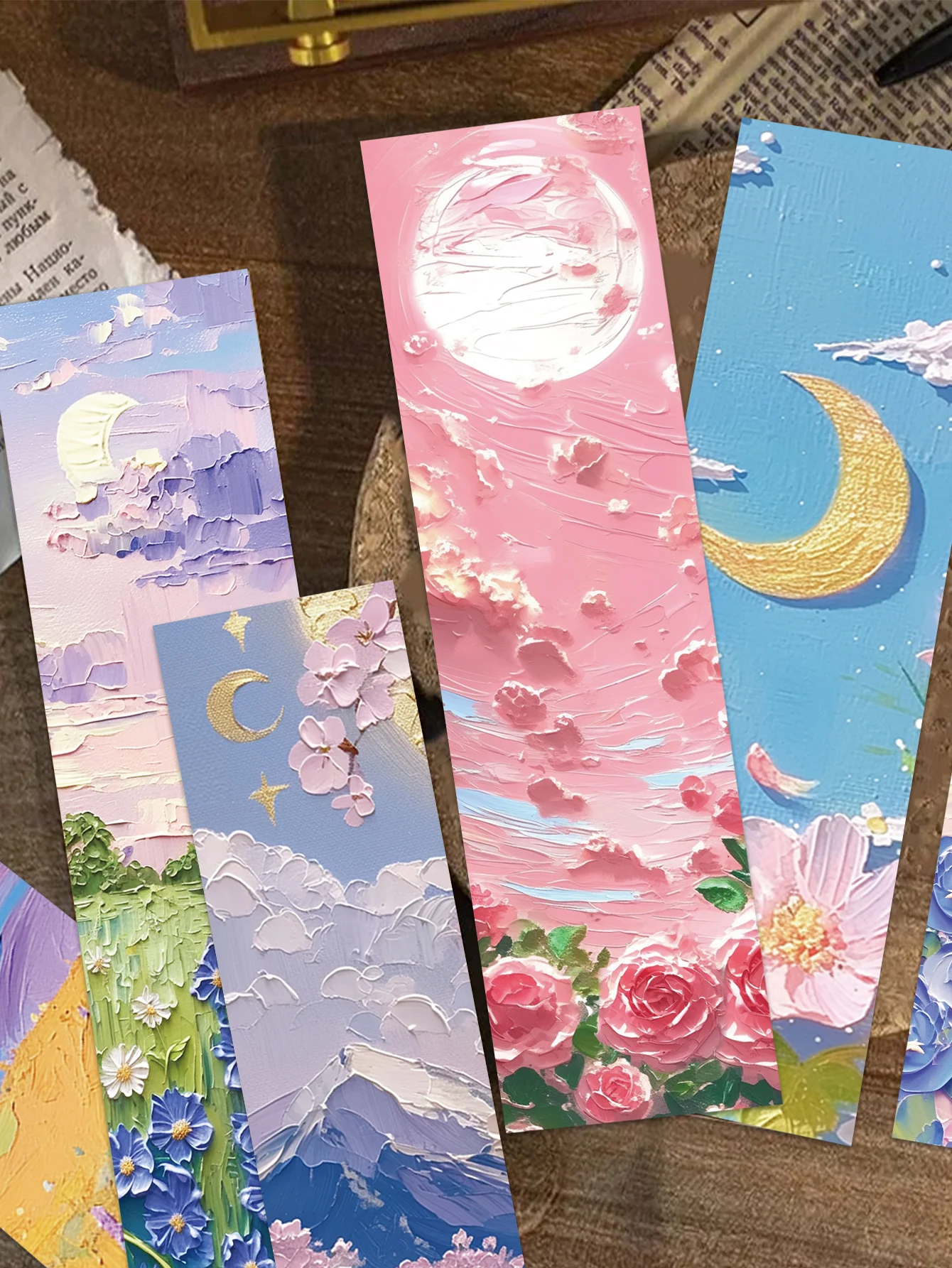 30PCS Beautiful Bookmarks Emboss Oil Painting Style Paper Bookmarks Fairy Tale Scenery Student Stationery