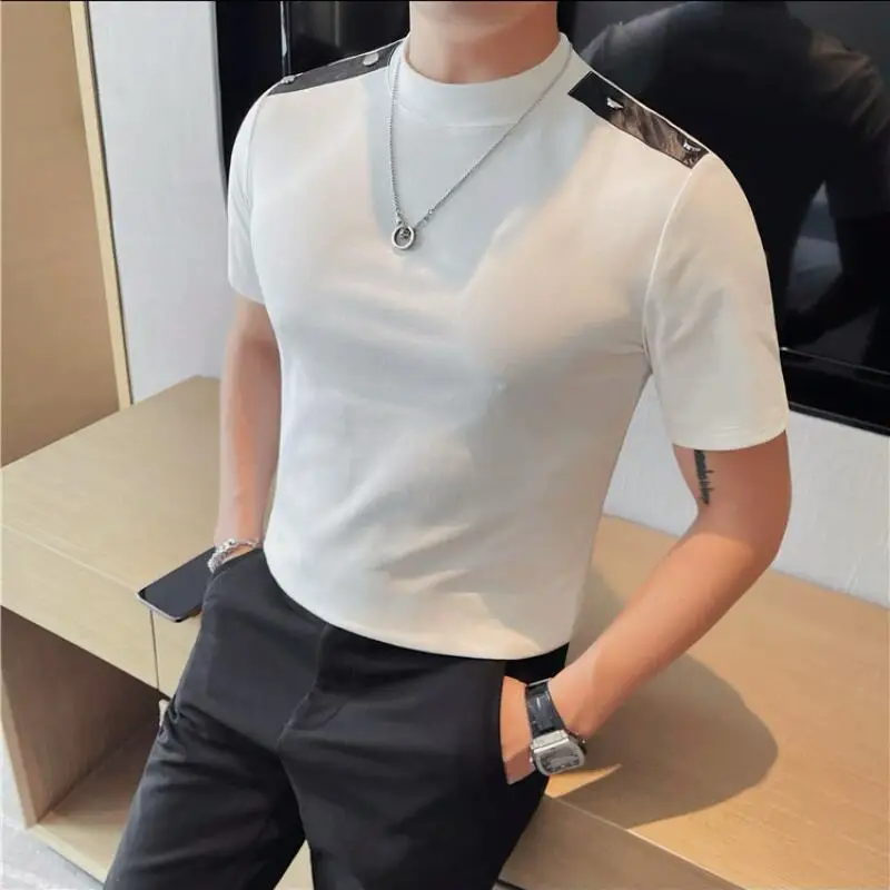 2024 Summer New Round Neck T-shirt Fashion Shoulder Button Design Short Sleeved Slim Elastic Short Sleeved Casual Versatile Tee