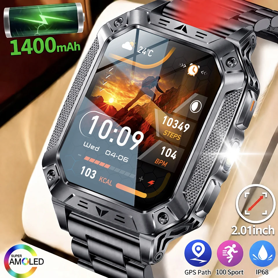 

2026 New 1400mAh Large Capacity Battery Smart Watch Adult Men GPS Path Dual-color Lamp 2.01" Large Screen IP68 Sports Smartwatch